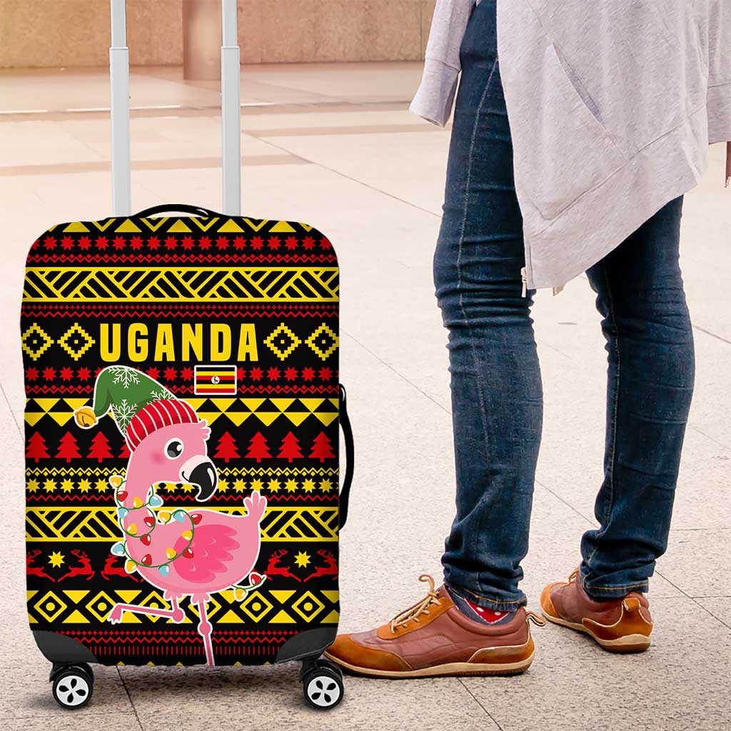 Uganda Christmas Luggage Cover with Flamingo Lights Uganda Flag and Black Red Yellow Tribal Pattern Design - Wonder Print Shop