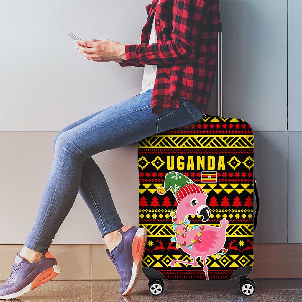 Uganda Christmas Luggage Cover with Flamingo Lights Uganda Flag and Black Red Yellow Tribal Pattern Design - Wonder Print Shop