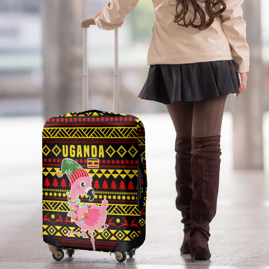 Uganda Christmas Luggage Cover with Flamingo Lights Uganda Flag and Black Red Yellow Tribal Pattern Design - Wonder Print Shop