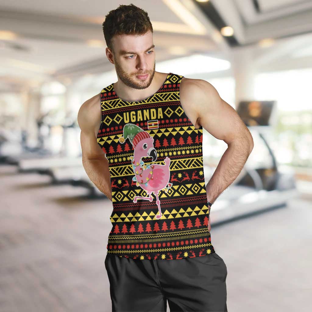 Uganda Christmas Men Tank Top with Flamingo Lights Uganda Flag and Black Red Yellow Tribal Pattern Design - Wonder Print Shop