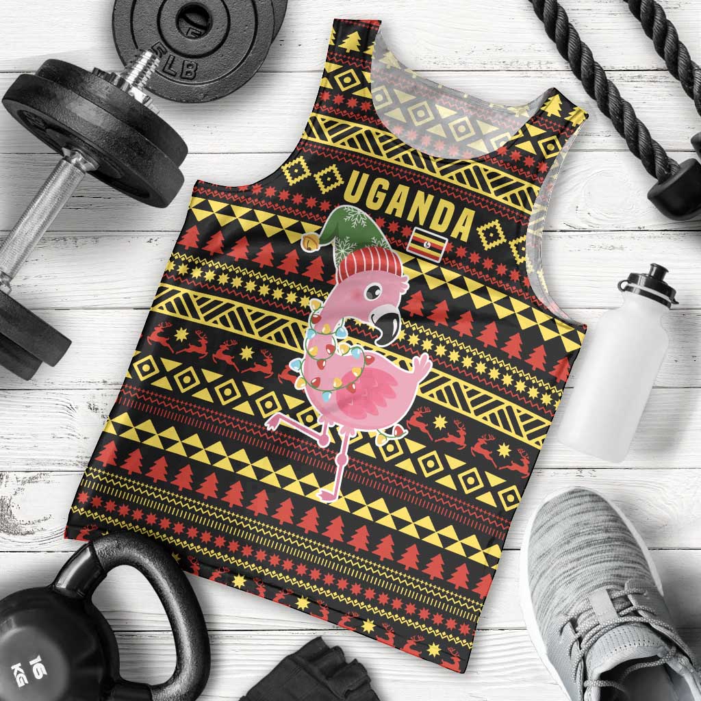 Uganda Christmas Men Tank Top with Flamingo Lights Uganda Flag and Black Red Yellow Tribal Pattern Design - Wonder Print Shop