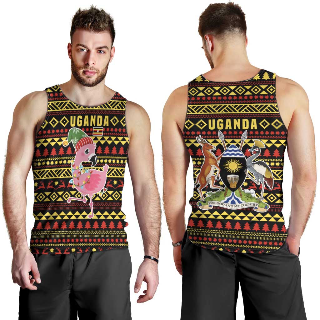 Uganda Christmas Men Tank Top with Flamingo Lights Uganda Flag and Black Red Yellow Tribal Pattern Design - Wonder Print Shop