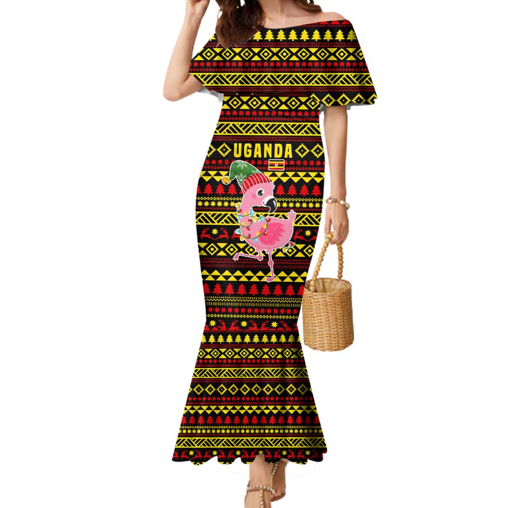 Uganda Christmas Mermaid Dress with Flamingo Lights Uganda Flag and Black Red Yellow Tribal Pattern Design - Wonder Print Shop