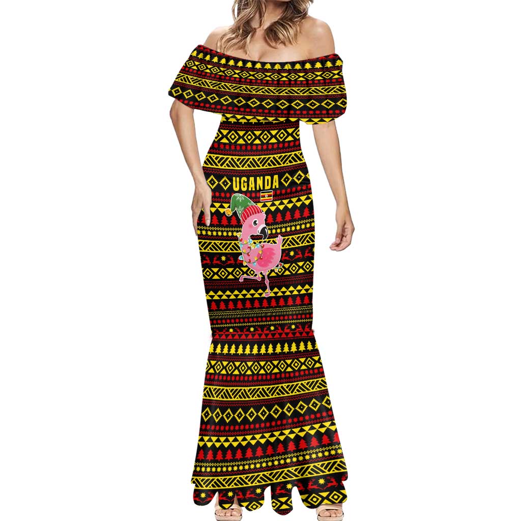 Uganda Christmas Mermaid Dress with Flamingo Lights Uganda Flag and Black Red Yellow Tribal Pattern Design - Wonder Print Shop