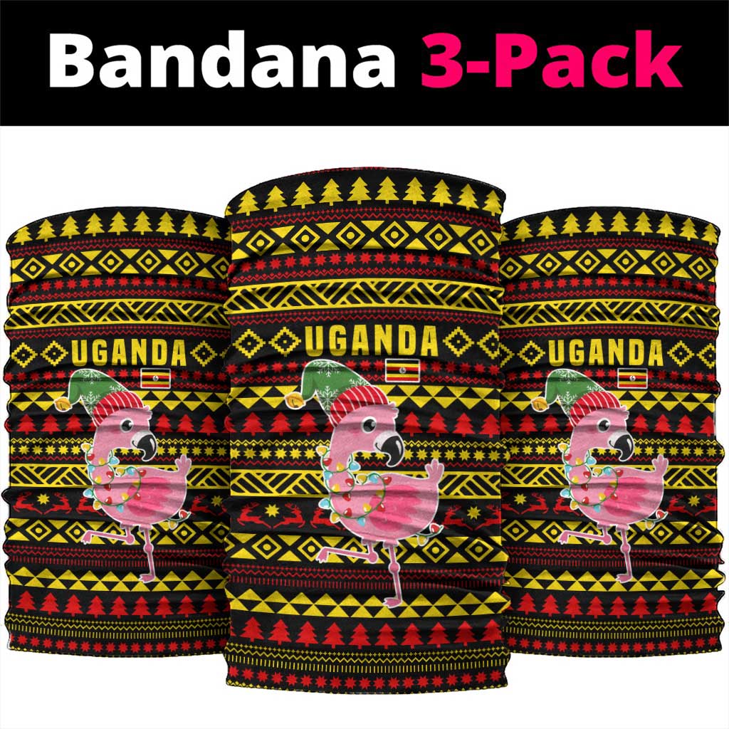Uganda Christmas Neck Gaiter with Flamingo Lights Uganda Flag and Black Red Yellow Tribal Pattern Design - Wonder Print Shop