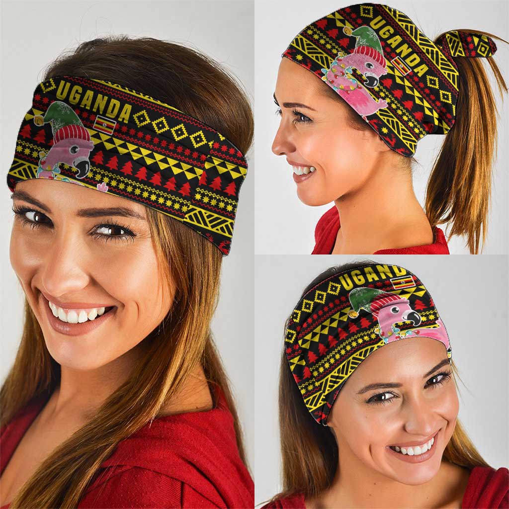 Uganda Christmas Neck Gaiter with Flamingo Lights Uganda Flag and Black Red Yellow Tribal Pattern Design - Wonder Print Shop