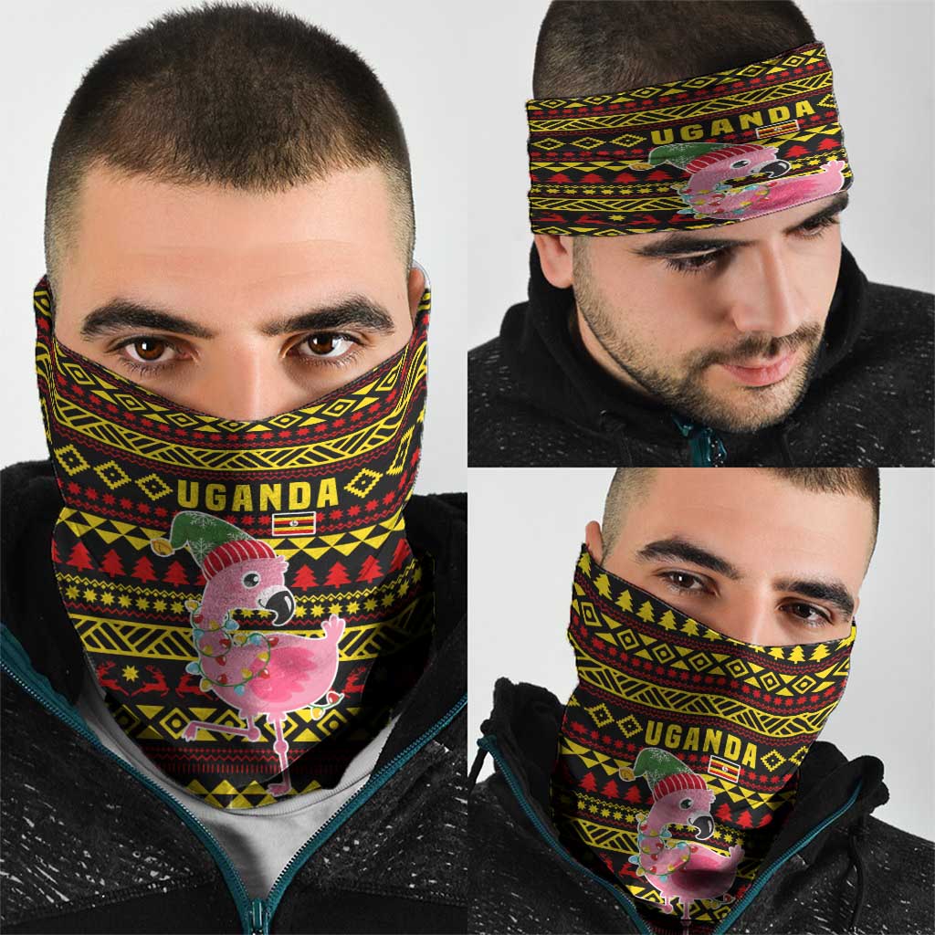 Uganda Christmas Neck Gaiter with Flamingo Lights Uganda Flag and Black Red Yellow Tribal Pattern Design - Wonder Print Shop