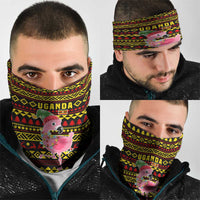 Uganda Christmas Neck Gaiter with Flamingo Lights Uganda Flag and Black Red Yellow Tribal Pattern Design - Wonder Print Shop