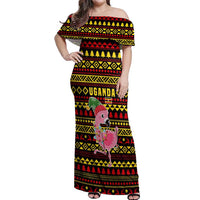 Uganda Christmas Off Shoulder Maxi Dress with Flamingo Lights Uganda Flag and Black Red Yellow Tribal Pattern Design - Wonder Print Shop
