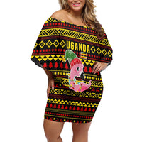 Uganda Christmas Off Shoulder Short Dress with Flamingo Lights Uganda Flag and Black Red Yellow Tribal Pattern Design - Wonder Print Shop