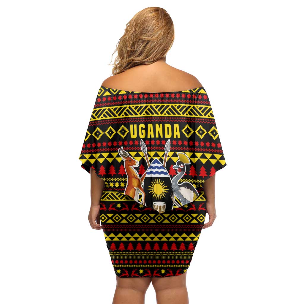 Uganda Christmas Off Shoulder Short Dress with Flamingo Lights Uganda Flag and Black Red Yellow Tribal Pattern Design - Wonder Print Shop