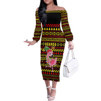 Uganda Christmas Off The Shoulder Long Sleeve Dress with Flamingo Lights Uganda Flag and Black Red Yellow Tribal Pattern Design - Wonder Print Shop