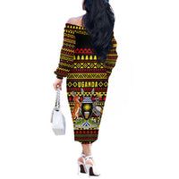Uganda Christmas Off The Shoulder Long Sleeve Dress with Flamingo Lights Uganda Flag and Black Red Yellow Tribal Pattern Design - Wonder Print Shop