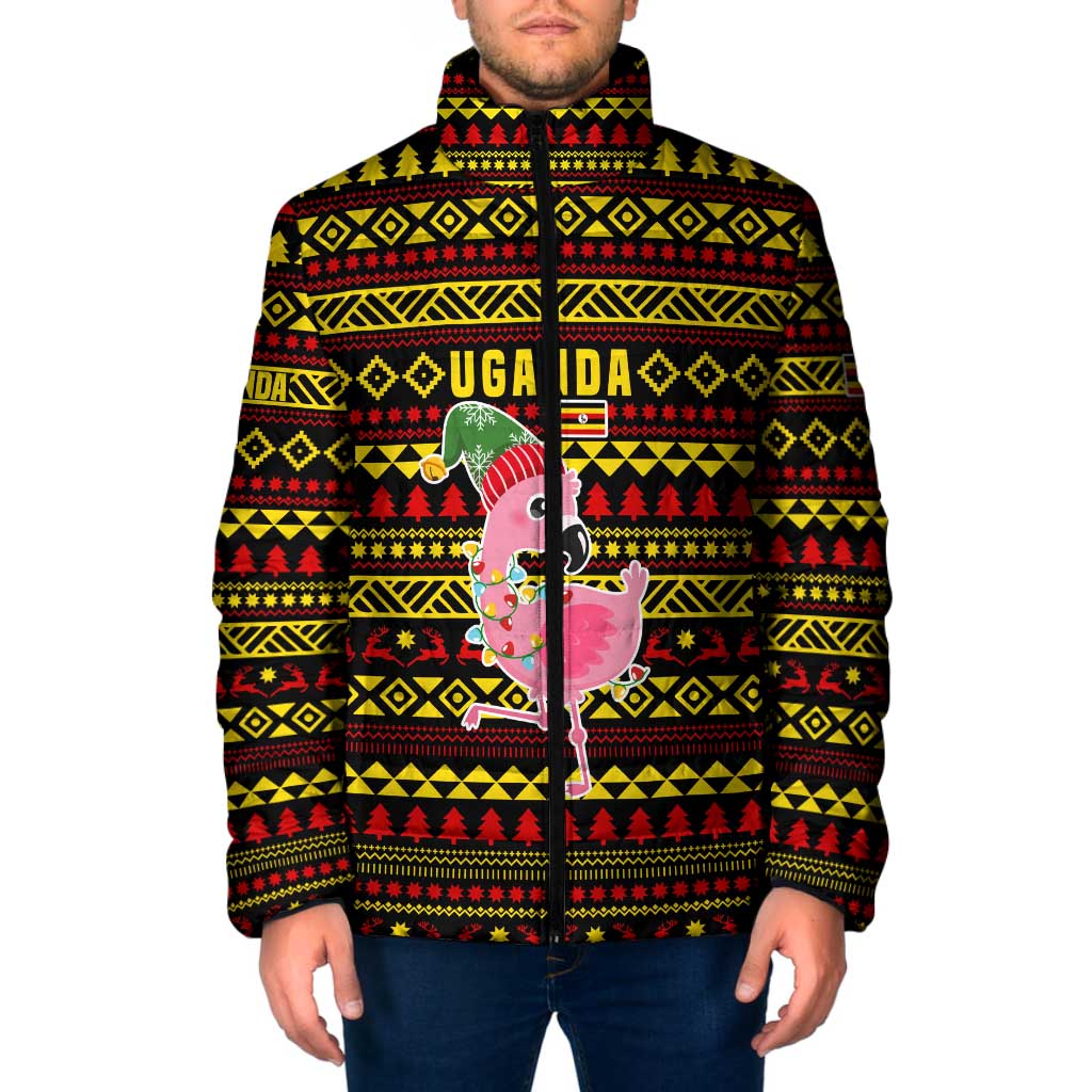 Uganda Christmas Padded Jacket with Flamingo Lights Uganda Flag and Black Red Yellow Tribal Pattern Design - Wonder Print Shop