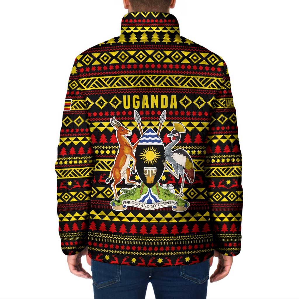 Uganda Christmas Padded Jacket with Flamingo Lights Uganda Flag and Black Red Yellow Tribal Pattern Design - Wonder Print Shop