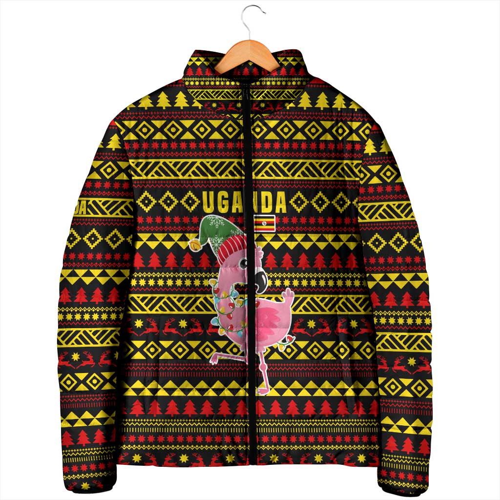Uganda Christmas Padded Jacket with Flamingo Lights Uganda Flag and Black Red Yellow Tribal Pattern Design - Wonder Print Shop