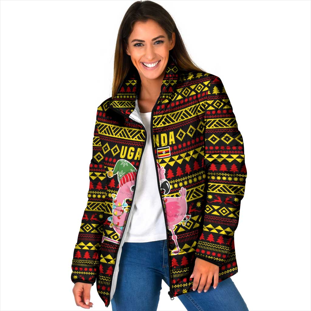 Uganda Christmas Padded Jacket with Flamingo Lights Uganda Flag and Black Red Yellow Tribal Pattern Design - Wonder Print Shop