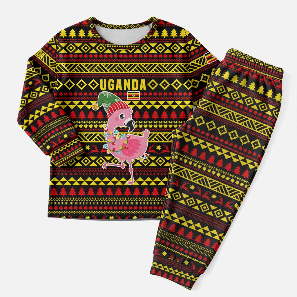 Uganda Christmas Pajama Set with Flamingo Lights Uganda Flag and Black Red Yellow Tribal Pattern Design - Wonder Print Shop