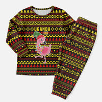 Uganda Christmas Pajama Set with Flamingo Lights Uganda Flag and Black Red Yellow Tribal Pattern Design - Wonder Print Shop