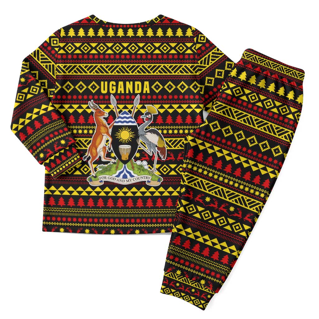 Uganda Christmas Pajama Set with Flamingo Lights Uganda Flag and Black Red Yellow Tribal Pattern Design - Wonder Print Shop