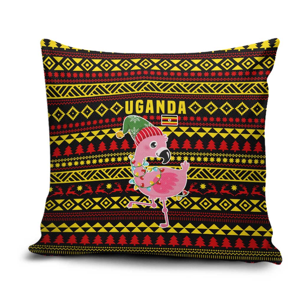 Uganda Christmas Pillow Cover with Flamingo Lights Uganda Flag and Black Red Yellow Tribal Pattern Design - Wonder Print Shop