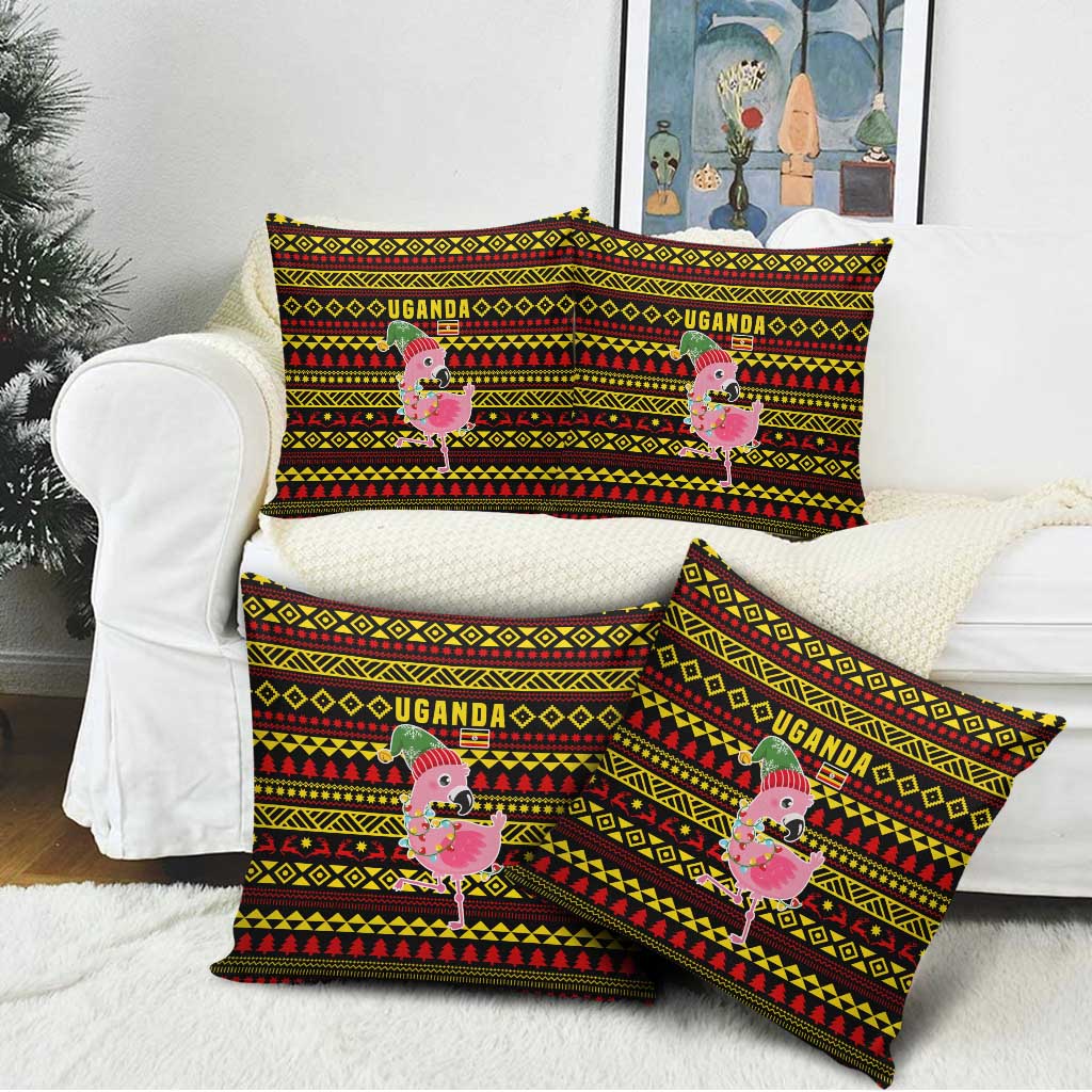 Uganda Christmas Pillow Cover with Flamingo Lights Uganda Flag and Black Red Yellow Tribal Pattern Design - Wonder Print Shop