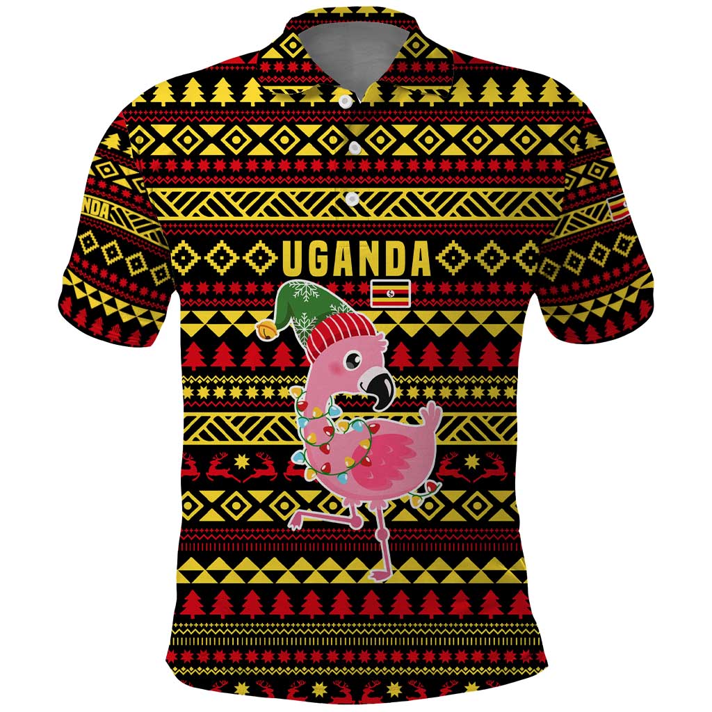 Uganda Christmas Polo Shirt with Flamingo Lights Uganda Flag and Black Red Yellow Tribal Pattern Design - Wonder Print Shop