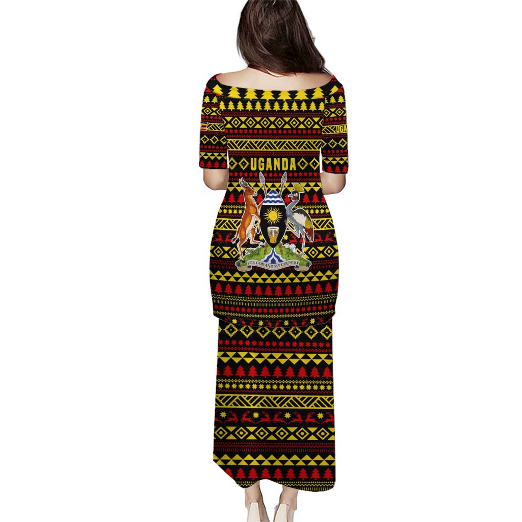 Uganda Christmas Puletasi with Flamingo Lights Uganda Flag and Black Red Yellow Tribal Pattern Design - Wonder Print Shop