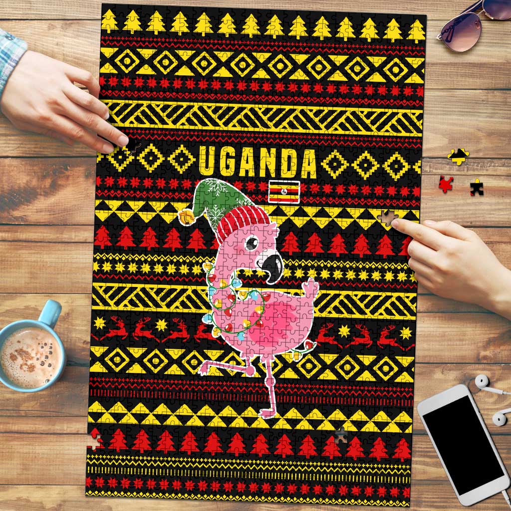 Uganda Christmas Puzzle with Flamingo Lights Uganda Flag and Black Red Yellow Tribal Pattern Design - Wonder Print Shop