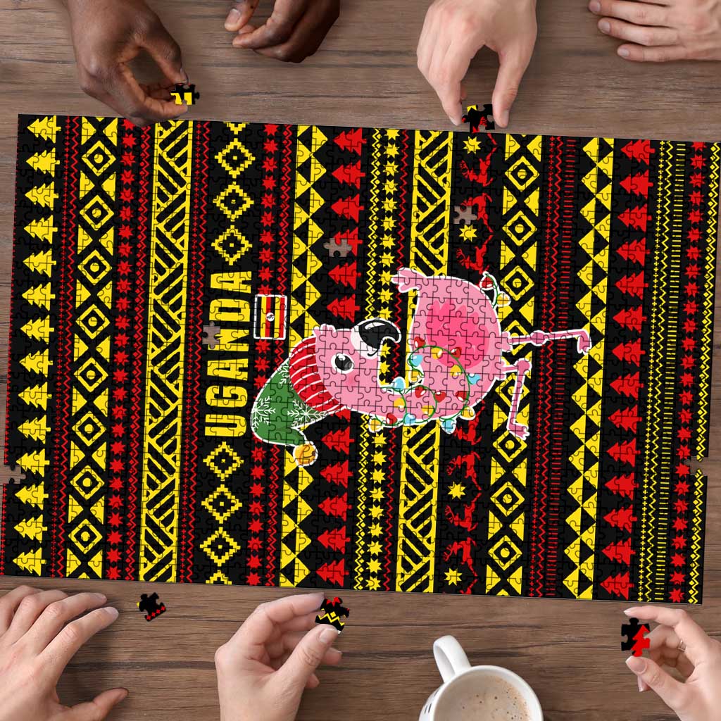 Uganda Christmas Puzzle with Flamingo Lights Uganda Flag and Black Red Yellow Tribal Pattern Design - Wonder Print Shop