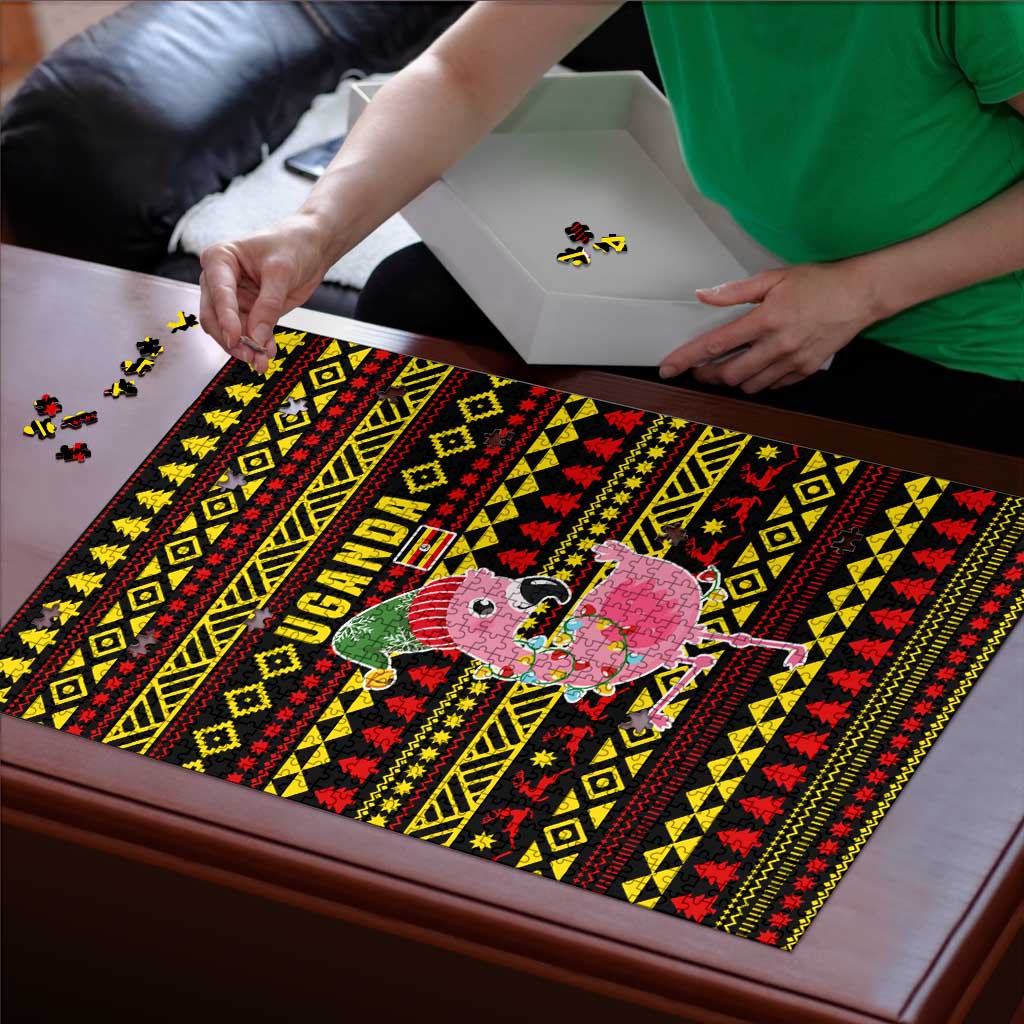 Uganda Christmas Puzzle with Flamingo Lights Uganda Flag and Black Red Yellow Tribal Pattern Design - Wonder Print Shop