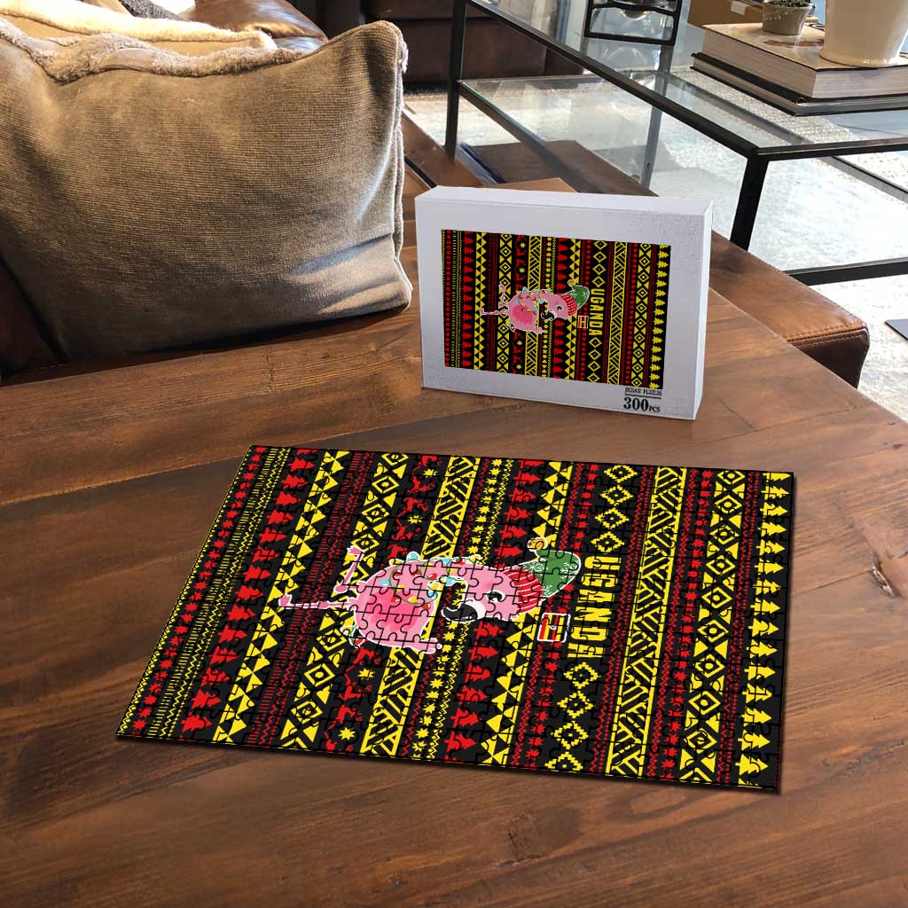 Uganda Christmas Puzzle with Flamingo Lights Uganda Flag and Black Red Yellow Tribal Pattern Design - Wonder Print Shop