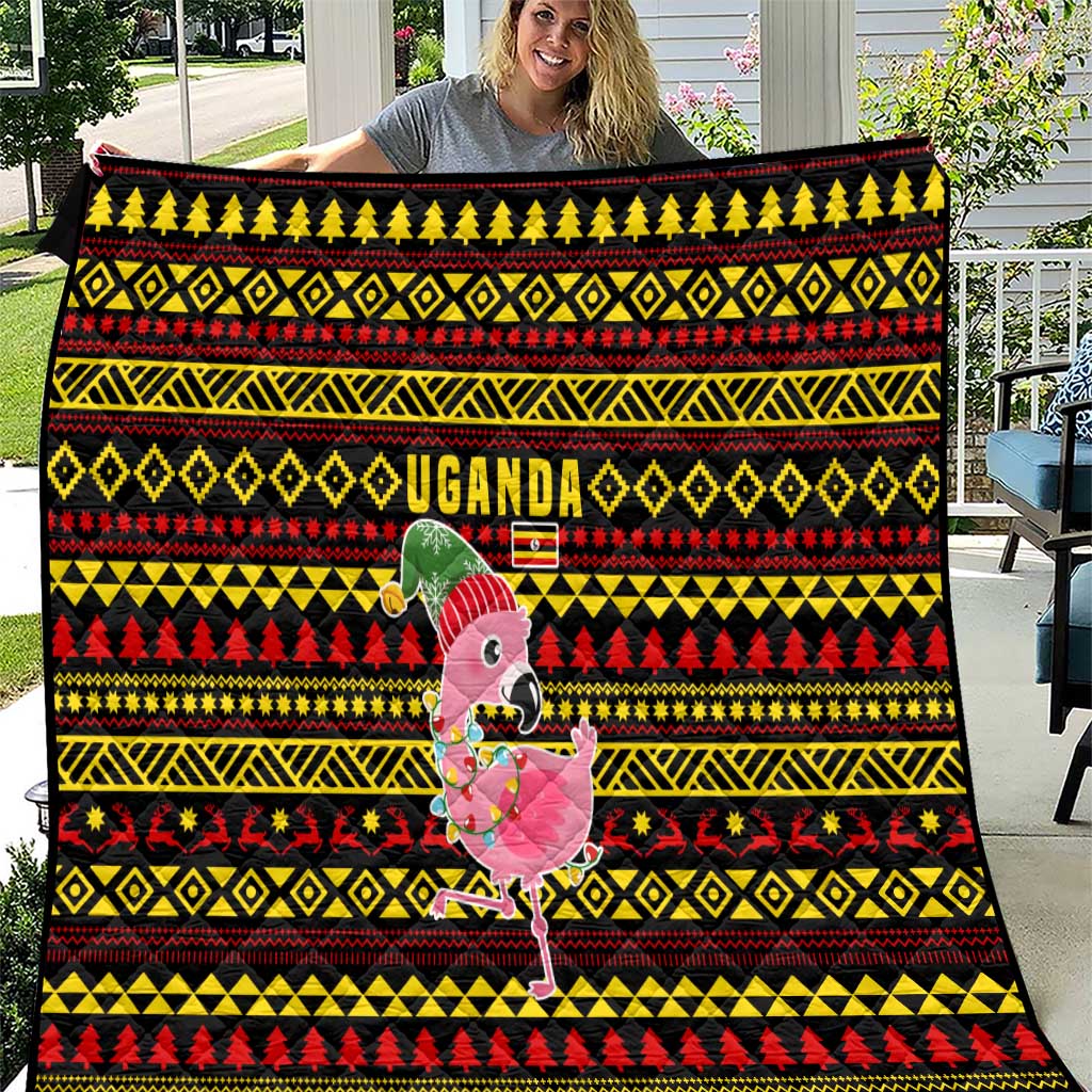 Uganda Christmas Quilt with Flamingo Lights Uganda Flag and Black Red Yellow Tribal Pattern Design - Wonder Print Shop