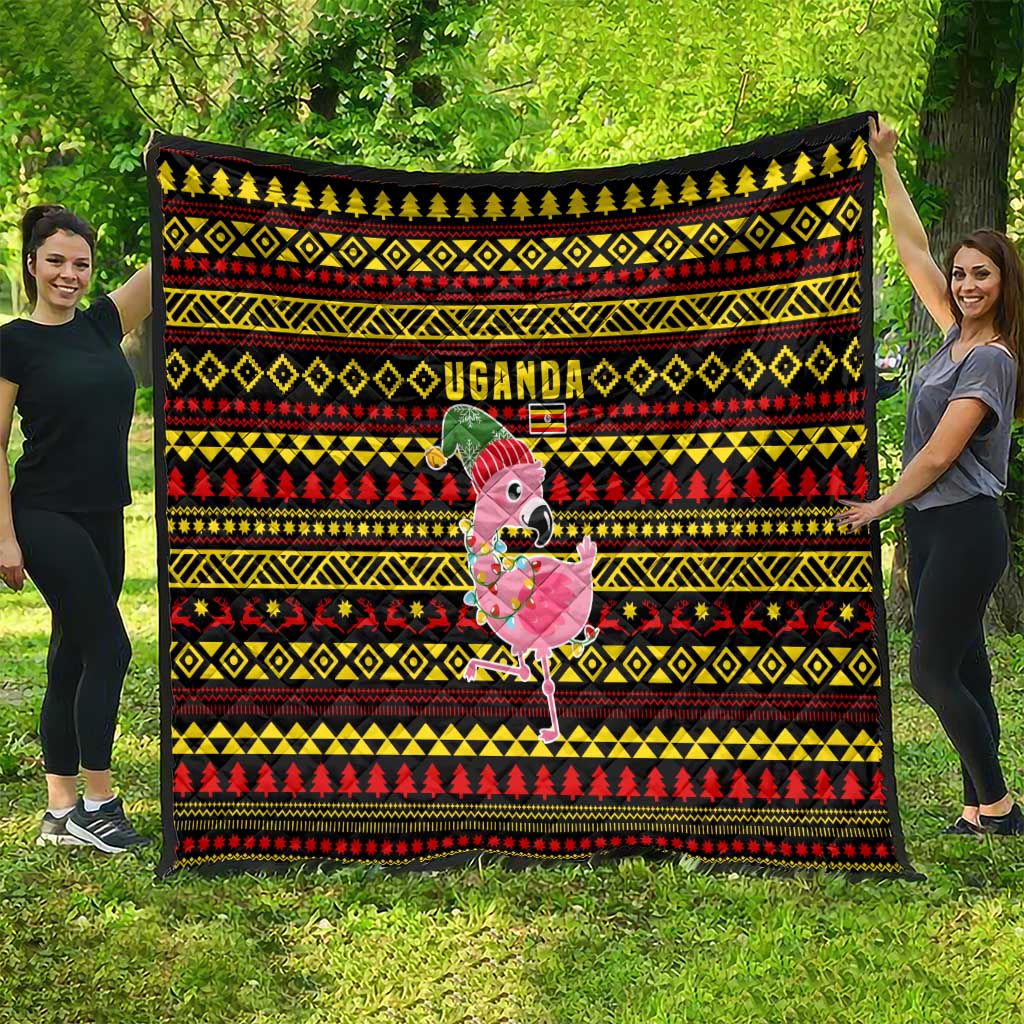 Uganda Christmas Quilt with Flamingo Lights Uganda Flag and Black Red Yellow Tribal Pattern Design - Wonder Print Shop