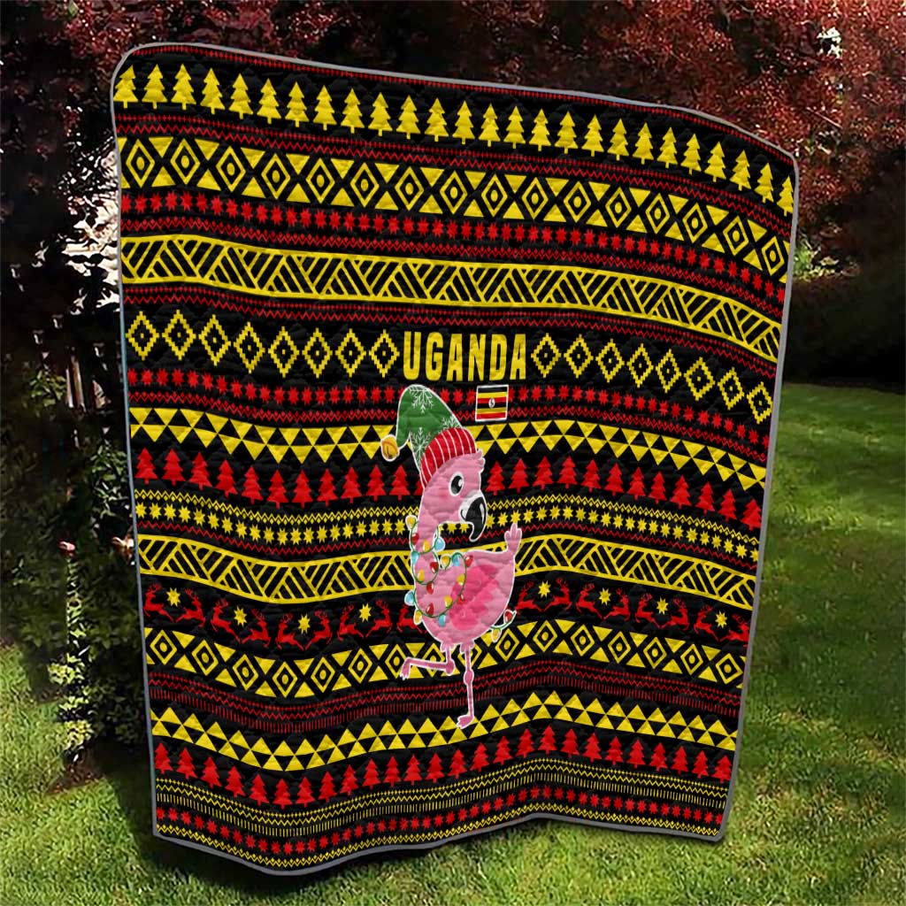 Uganda Christmas Quilt with Flamingo Lights Uganda Flag and Black Red Yellow Tribal Pattern Design - Wonder Print Shop