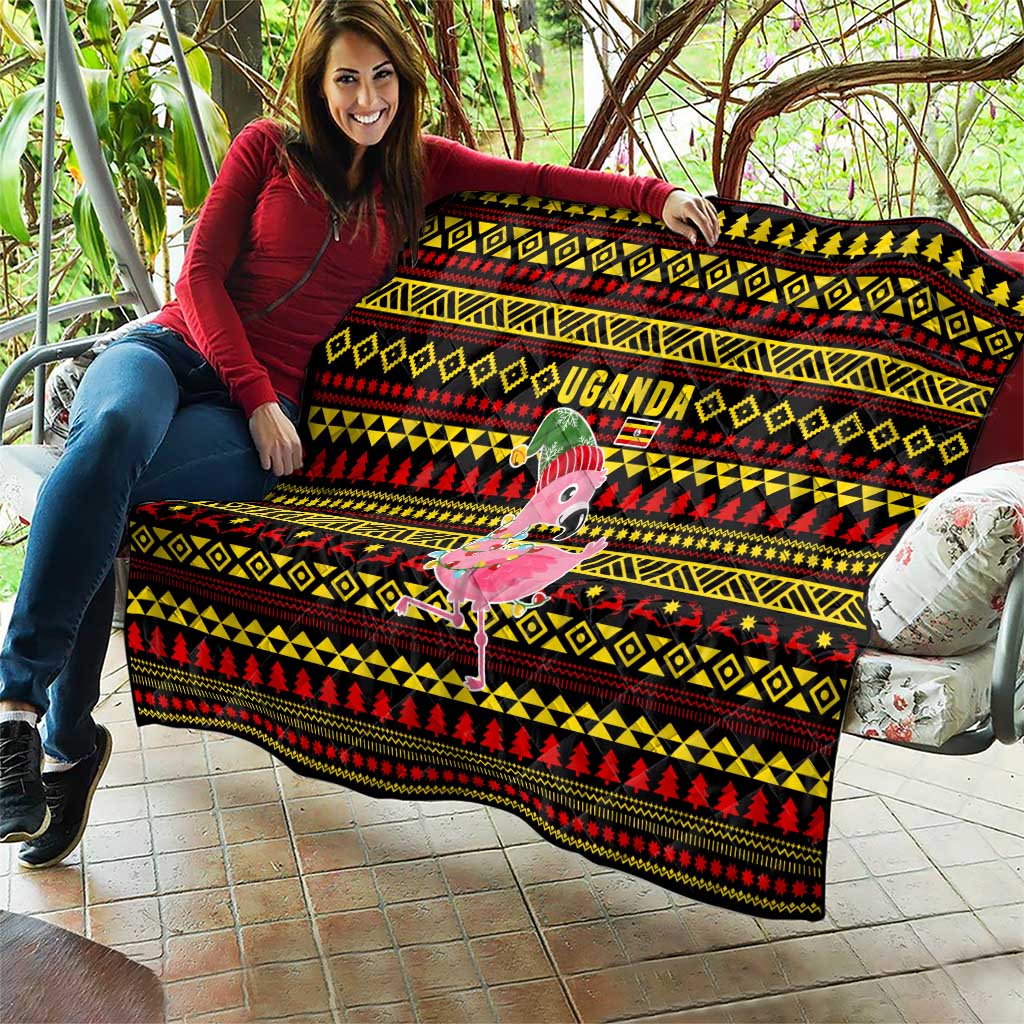 Uganda Christmas Quilt with Flamingo Lights Uganda Flag and Black Red Yellow Tribal Pattern Design - Wonder Print Shop