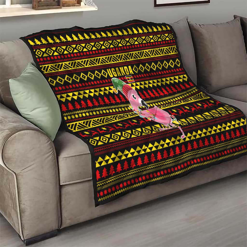 Uganda Christmas Quilt with Flamingo Lights Uganda Flag and Black Red Yellow Tribal Pattern Design - Wonder Print Shop