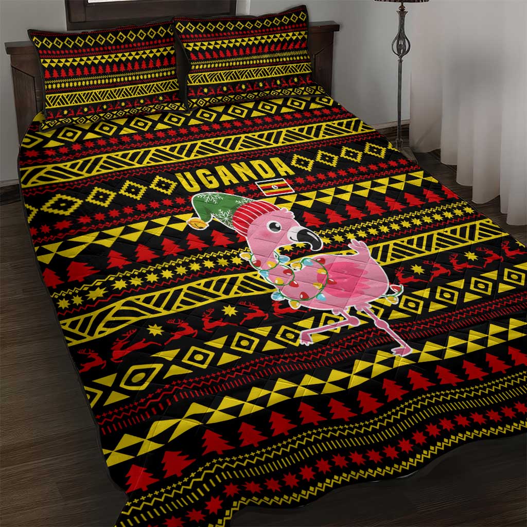 Uganda Christmas Quilt Bed Set with Flamingo Lights Uganda Flag and Black Red Yellow Tribal Pattern Design - Wonder Print Shop