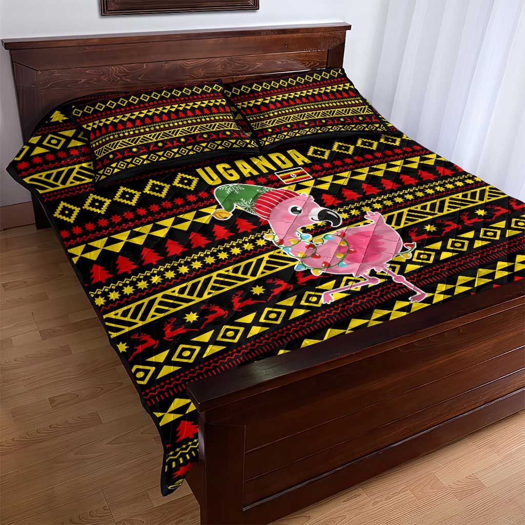 Uganda Christmas Quilt Bed Set with Flamingo Lights Uganda Flag and Black Red Yellow Tribal Pattern Design - Wonder Print Shop