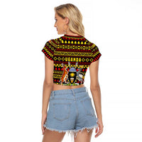 Uganda Christmas Raglan Cropped T Shirt with Flamingo Lights Uganda Flag and Black Red Yellow Tribal Pattern Design - Wonder Print Shop