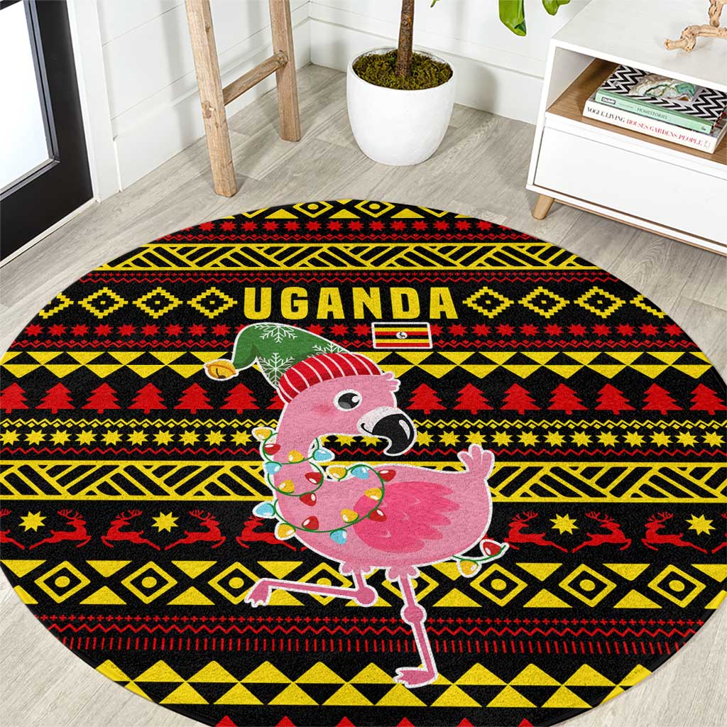 Uganda Christmas Round Carpet with Flamingo Lights Uganda Flag and Black Red Yellow Tribal Pattern Design - Wonder Print Shop