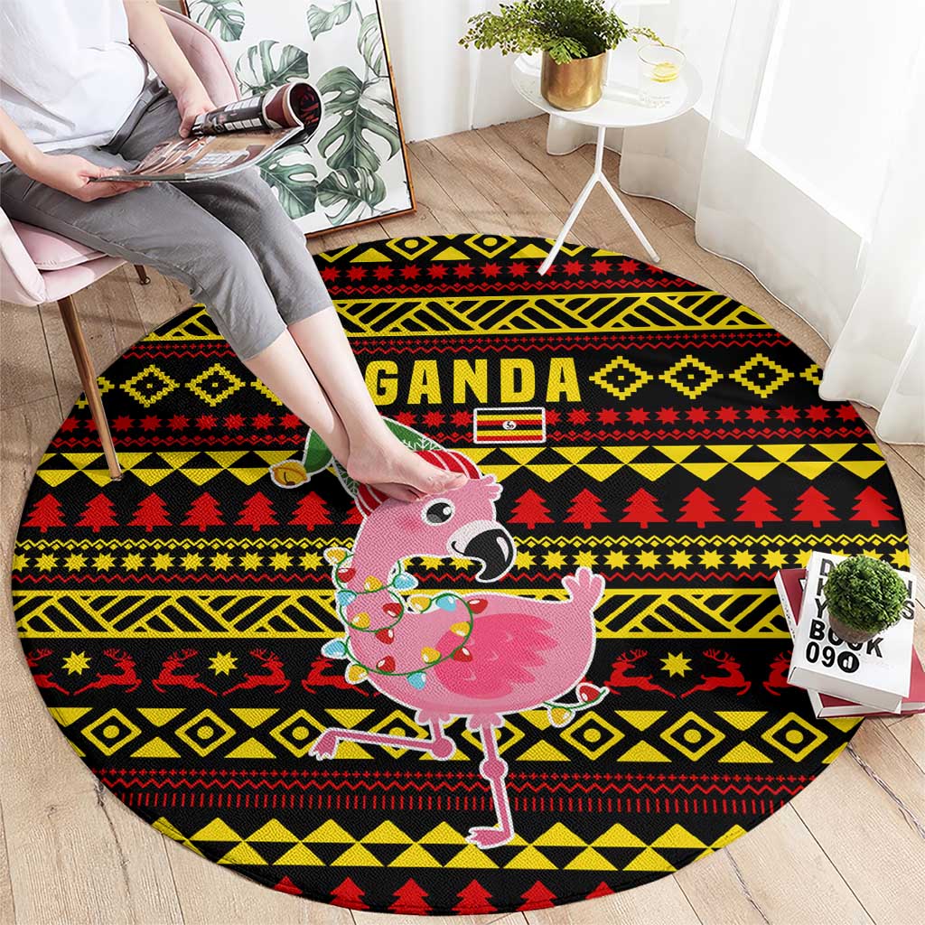Uganda Christmas Round Carpet with Flamingo Lights Uganda Flag and Black Red Yellow Tribal Pattern Design - Wonder Print Shop