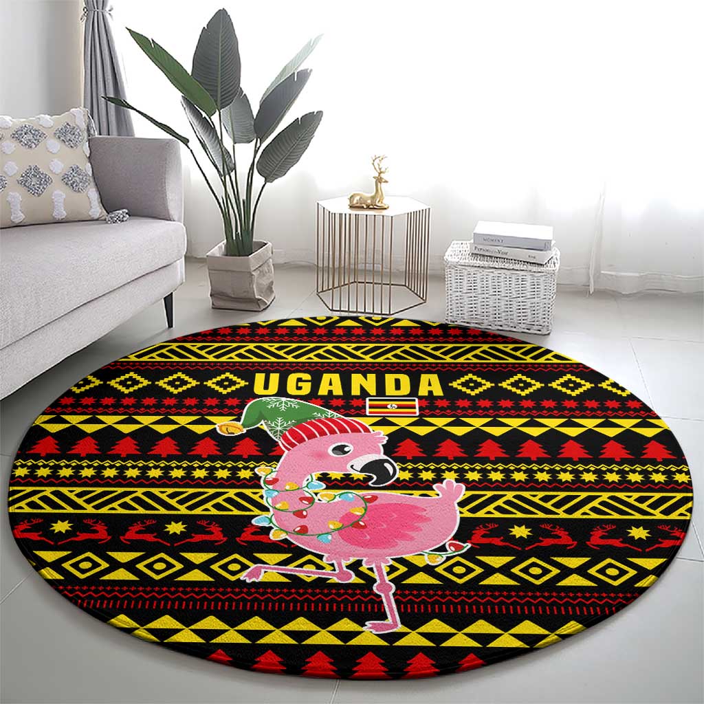 Uganda Christmas Round Carpet with Flamingo Lights Uganda Flag and Black Red Yellow Tribal Pattern Design - Wonder Print Shop