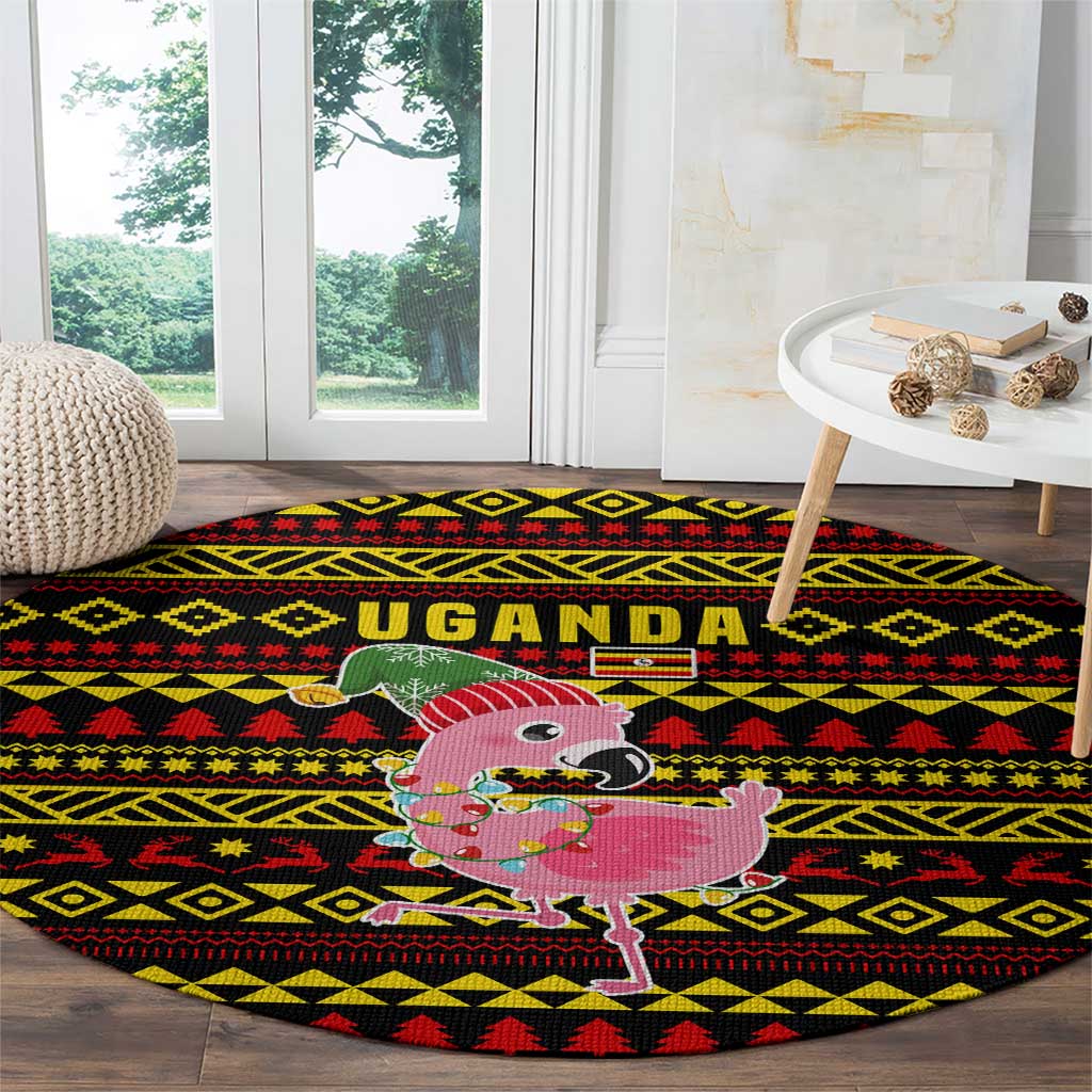 Uganda Christmas Round Carpet with Flamingo Lights Uganda Flag and Black Red Yellow Tribal Pattern Design - Wonder Print Shop
