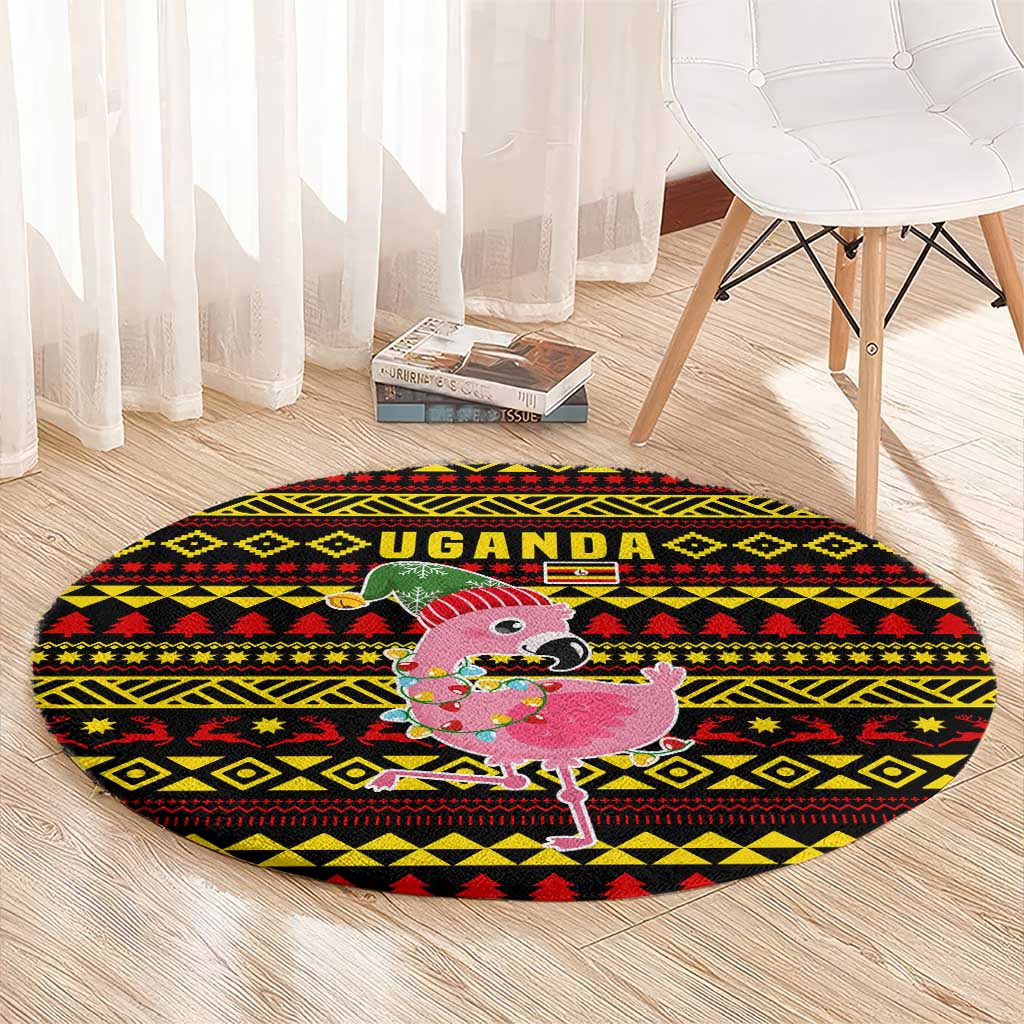 Uganda Christmas Round Carpet with Flamingo Lights Uganda Flag and Black Red Yellow Tribal Pattern Design - Wonder Print Shop