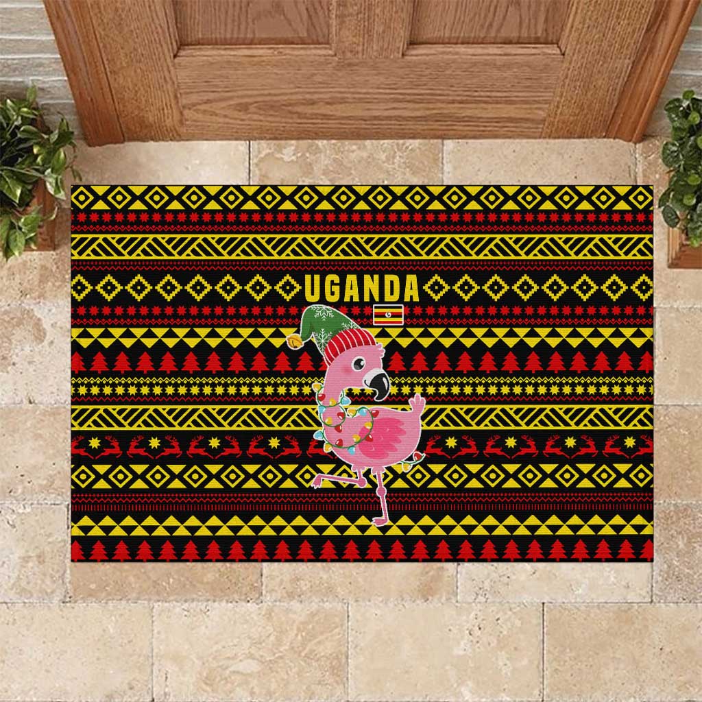 Uganda Christmas Rubber Doormat with Flamingo Lights Uganda Flag and Black Red Yellow Tribal Pattern Design - Wonder Print Shop