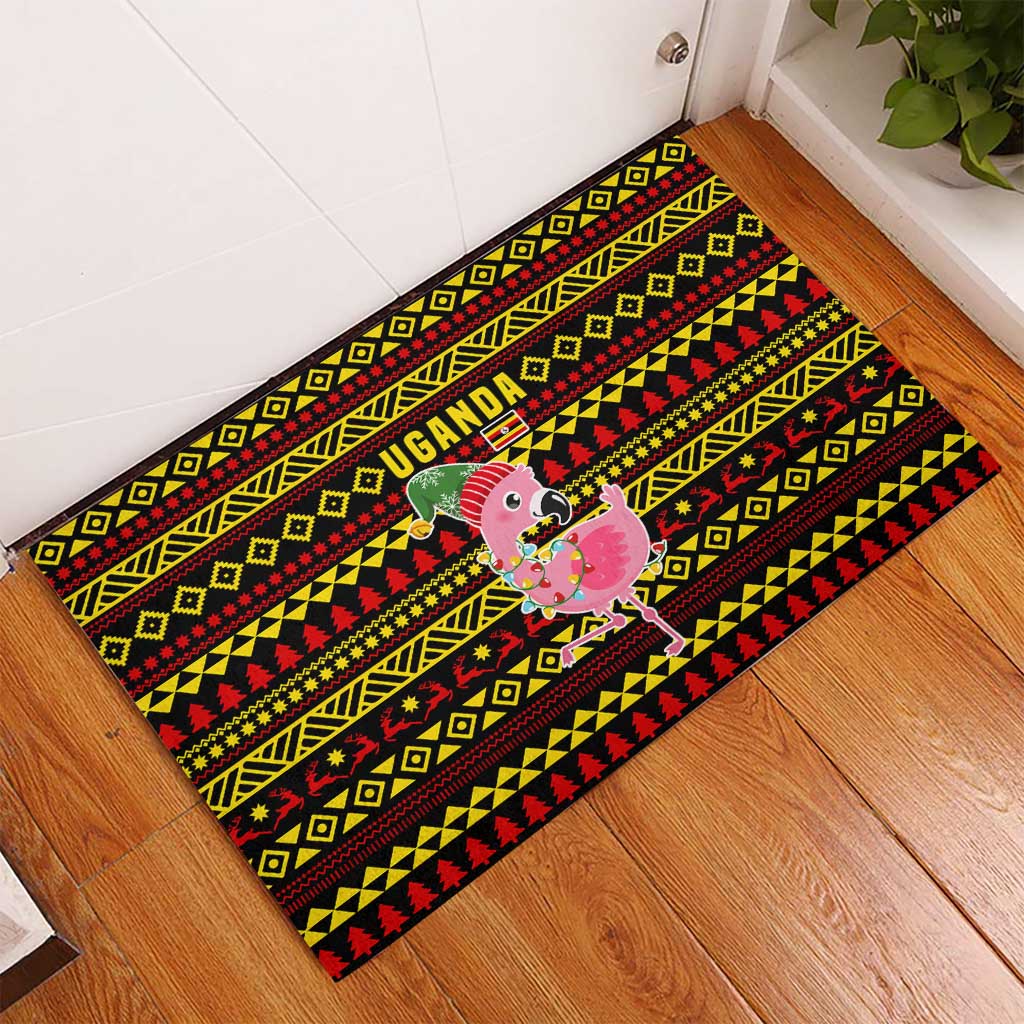 Uganda Christmas Rubber Doormat with Flamingo Lights Uganda Flag and Black Red Yellow Tribal Pattern Design - Wonder Print Shop