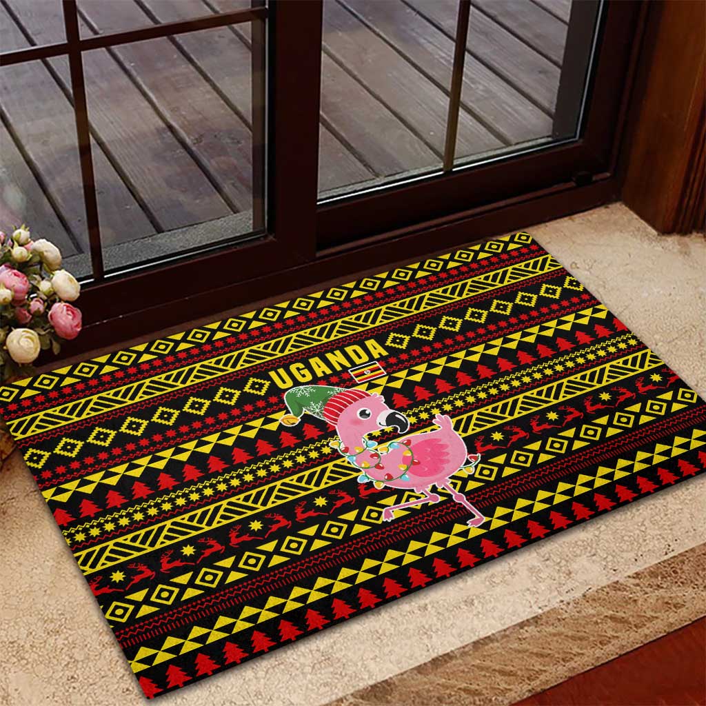 Uganda Christmas Rubber Doormat with Flamingo Lights Uganda Flag and Black Red Yellow Tribal Pattern Design - Wonder Print Shop