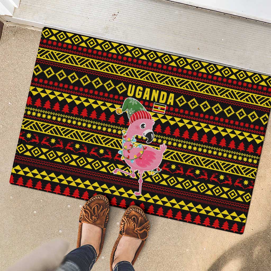 Uganda Christmas Rubber Doormat with Flamingo Lights Uganda Flag and Black Red Yellow Tribal Pattern Design - Wonder Print Shop
