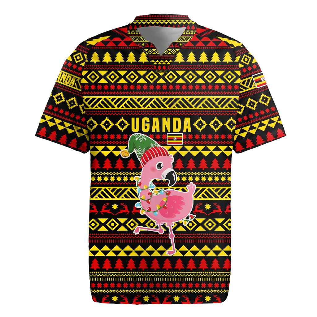 Uganda Christmas Rugby Jersey with Flamingo Lights Uganda Flag and Black Red Yellow Tribal Pattern Design - Wonder Print Shop